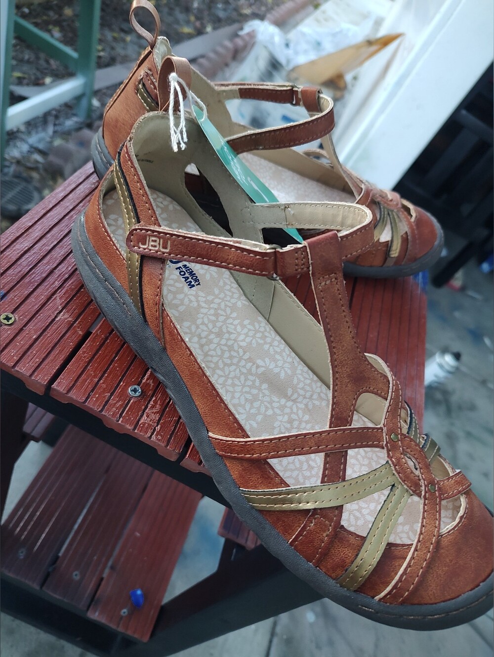 Jambu Women’s T-Strap Casual Flats in Brown and Gold
